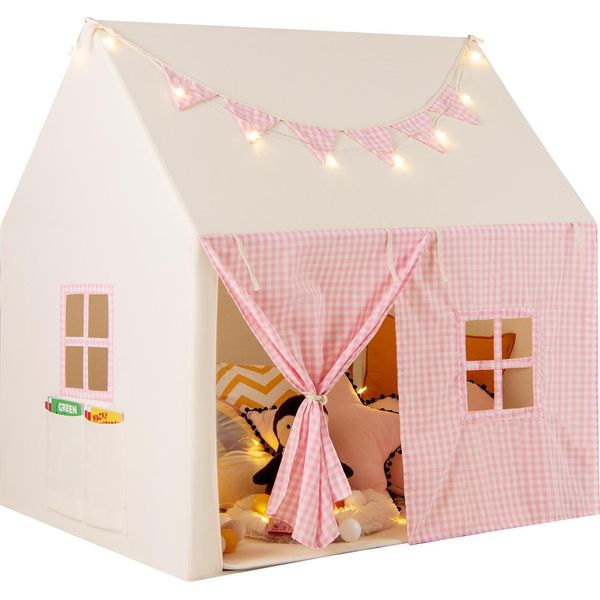 Tenda Per Bambini Costway Per Interni, Casetta Per Bambini Con Tappeto, Luci, Bandiera E Finestre, Tenda Da Gioco Per Bambini, Tenda Da Gioco Per Bambini E Bambine 3+Rosa-image