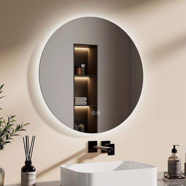 Emke Specchio Da Bagno A Led Specchio Da Bagno Con Illuminazione Rotondo 60 Cm 3 Colori Di Luce Specchio Luminoso Dimmerabile Con Interruttore A Sfioramento Specchio Led A Risparmio Energetico-image