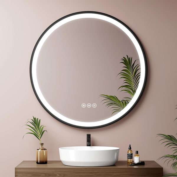 Emke Led Specchio Da Bagno Rotondo Diametro 80 Cm Specchio Da Bagno A Led Con Illuminazione 3 Colori Di Luce 3000-6500K Bianco Freddo Neutro Bianco Caldo Dimmerabile Specchio Illuminato Con Antiappannamento E Interruttore A Sfioramento IP44 A Risparmio Energetico (Design Nero)-image