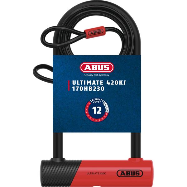 Abus U-Lock Ultimate 420K Con Porta Lucchetto Ush - Lucchetto Per Bicicletta Maneggevole E Robusto Con Pratico Supporto Per Il Trasporto - Accessori Per Bicicletta - Variante 150HB230 - Grillo Alto 230 Mm + Cavo Cobra 10/120 In Acciaio Con Passanti-image