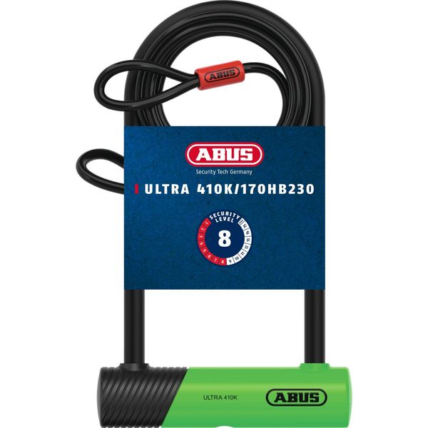 Abus U-Lock 410K Ultra Per Biciclette Ed E-Scooter - Lucchetto Per Bicicletta Maneggevole E Robusto Con Pratico Supporto Per Il Trasporto - Accessori Per Biciclette - Variante 150HB230 - Grillo Alto 230 Mm - Verde + Cobra 10/120 - Lunghezza Cavo 120 Mm-image