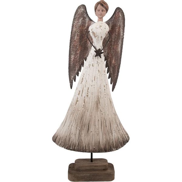 Clayre & Eef Figura Decorativa Angelo 19X6X42 Cm Legno Bianco Marrone-image