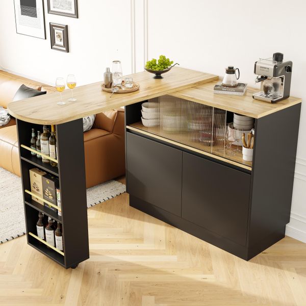 Flieks Tavolo Da Pranzo Tavolo Da Bar Girevole A 360°, Tavolo Da Cucina Tavolo Da Sala Da Pranzo Allungabile, Bar Con Credenza, Tavolo Da Bar Credenza Con Porta Scorrevole In Vetro, Nero-image