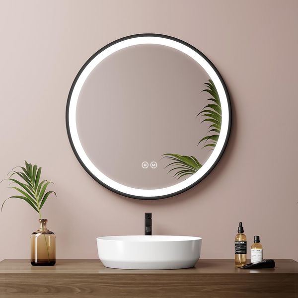 Emke Specchio Da Bagno A Led Rotondo Diametro 50 Cm Specchio Da Bagno A Led Con Illuminazione 3 Colori Di Luce 3000-6500K Bianco Freddo Neutro Bianco Caldo Dimmerabile Specchio Illuminato Con Interruttore A Sfioramento IP44 A Risparmio Energetico (Design Nero)-image