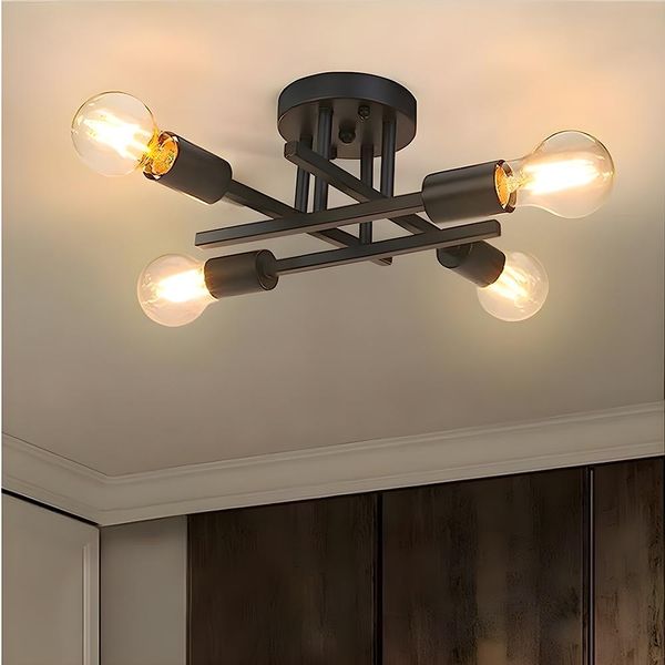 Plafoniera Lampadario Industriale D'epoca E27 (Senza Lampadina) 4 Fiamme Metallo Lampada Da Soffitto Retrò Nero Camera Da Letto Soggiorno Sala Da Pranzo-image