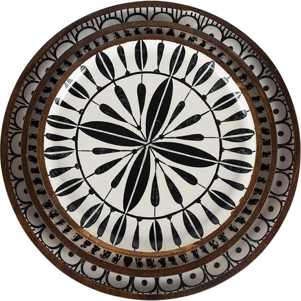 Set Di 3 Piatti Da Portata Clayre & Eef Ø 28 Ø 23 Ø 20 Cm Legno Bianco Nero-image