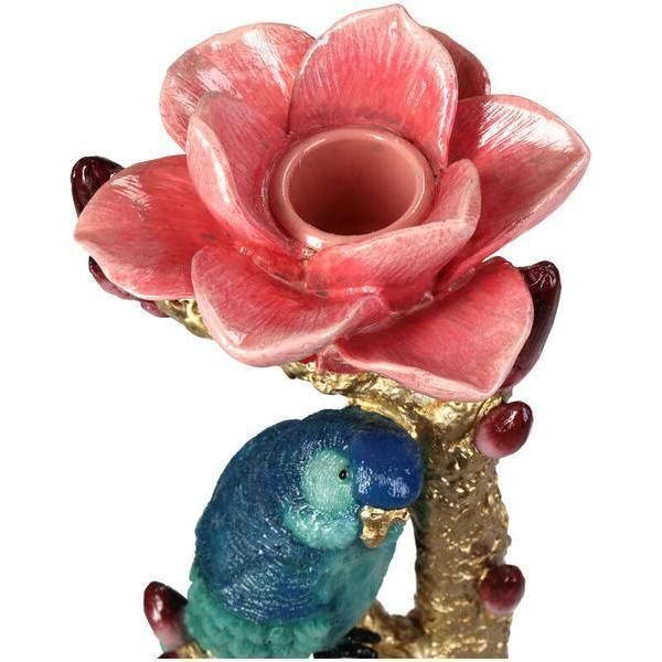 Portacandele Artificiale In Pietra - Uccello E Fiore - Portacandele In Poliresina - 27 Cm - Portacandele Decorativo Con Uccello Blu E Rosa Rossa-image
