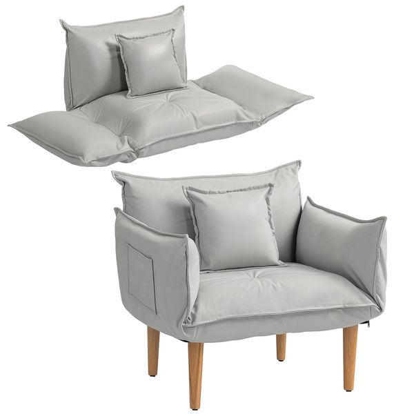 Homcom Poltrona 2 In 1, Poltrona Lounge Con Cuscino, Poltrona Da Terra Con Schienale Regolabile, Poltrona Imbottita, Poltrona Singola Per Soggiorno, Tessuto In Microfibra, Grigio Chiaro-image