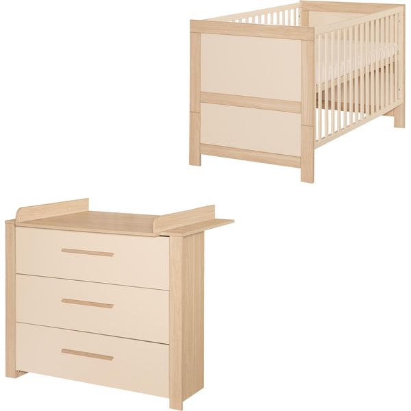 Set Di Mobili Per Neonati Roba 2 Pezzi Momo - Lettino Trasformabile 70 X 140 Cm + Fasciatoio Con 3 Cassetti - Maniglie In Legno Massello - Cashmere/Rovere Tristan-image