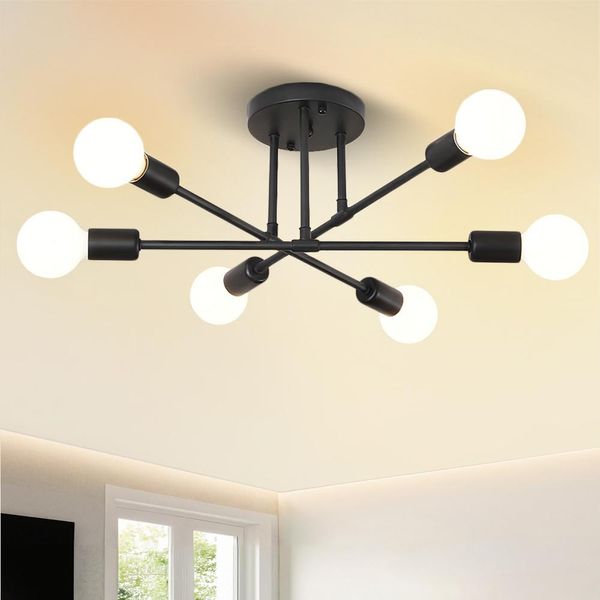 Plafoniera Nera Lampada Lampadario Industriale Vintage E27 (Senza Lampadina) 6 Fiamme Metallo Lampada Da Soffitto Retrò Camera Da Letto Soggiorno Sala Da Pranzo-image