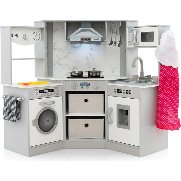 Cucina Per Bambini Costway In Legno, Cucina Da Gioco Con Luci E Suoni, Angolo Cucina In Legno Con Cappa Aspirante, Sistema Di Circolazione Dell'acqua, Distributore D'acqua E Lavatrice, Accessori Inclusi, Ideale Per Bambini A Partire Dai 3 Anni Di Età-image