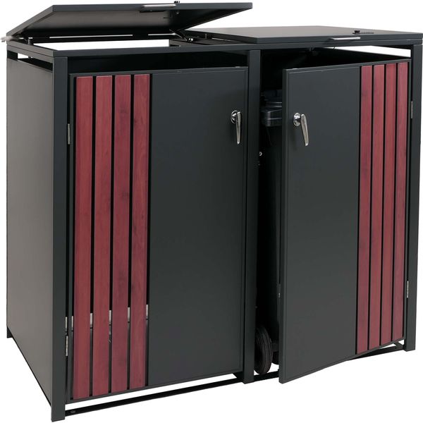 Copri Cestino A 2 Scomparti HWC-O67, Cestino Con Coperchio, Metallo 122X132X84Cm 53Kg ~ Antracite Effetto Legno Scuro-image