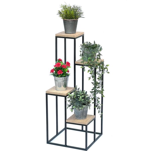 Dandibo Scala Di Fiori In Metallo Nero Legno 90 Cm Scala Di Piante Portafiori 96349 Colonna Di Fiori Portafiori Moderno Sgabello Di Fiori-image