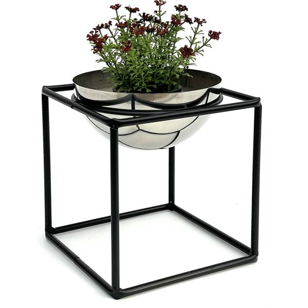 Dandibo Sgabello Per Fiori In Metallo Con Vaso Nero Argento 20 Cm Portafiori 96256 S Colonna Portafiori Moderna Sgabello Per Piante-image