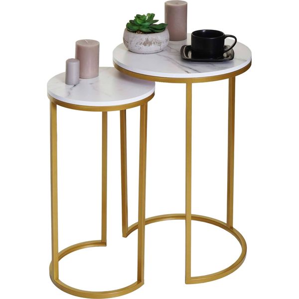 Set Di 2 Tavolini HWC-K46, Tavolino Da Caffè, Tavolino Da Salotto, Mdf Effetto Marmo ~ Bianco-Oro-image