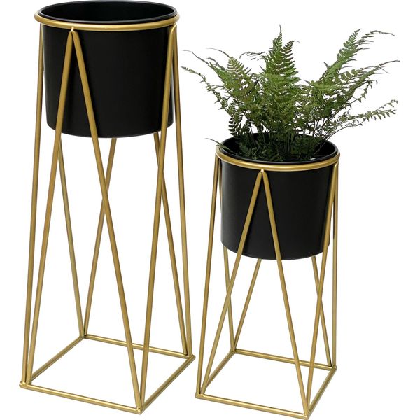 Dandibo Sgabello Per Fiori Con Vaso In Metallo Oro Nero Set Di 2 Supporti Per Fiori 96046 Colonna Per Fiori Supporto Per Piante Moderno Sgabello Per Piante-image