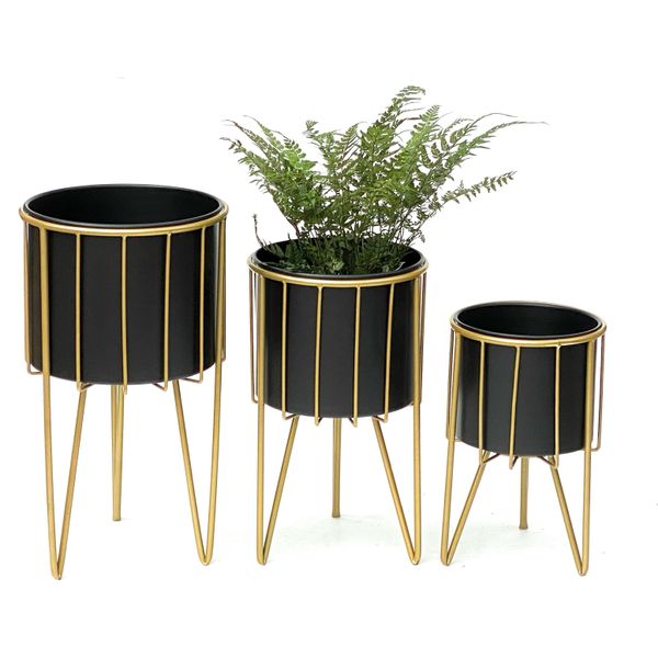 Dandibo Sgabello Per Fiori Con Vaso In Metallo Oro Nero Rotondo Set Di 3 Supporti Per Fiori 96039 Colonna Per Fiori Supporto Per Piante Moderno Sgabello Per Piante-image