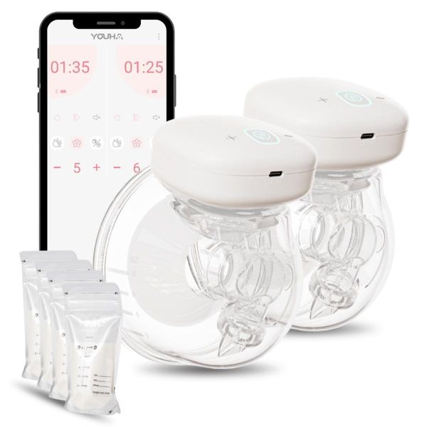Youha - Tiralatte Elettrico Doppio A Mani Libere Con Connessione All'app - A Mani Libere - Espressione Facilitata - 2 Coppe Di Raccolta Da 240 Ml - Misura: 24 Mm-image