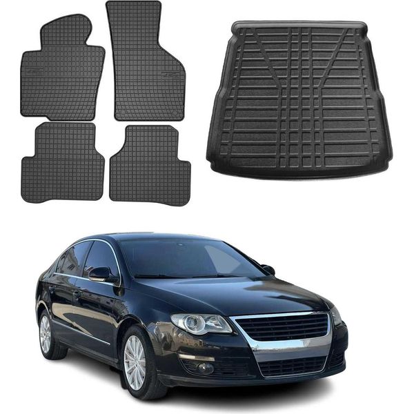 Set Tappetini E Fodera Bagagliaio Per Vw Passat 2005-2010 Gomma Superiore Nera 5X-image