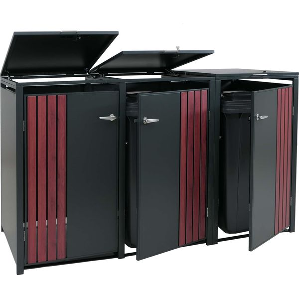 Coperchio Per Cestino A 3 Scomparti HWC-O67, Cestino Con Coperchio, Metallo 122X200X84Cm 83Kg ~ Antracite Effetto Legno Scuro-image