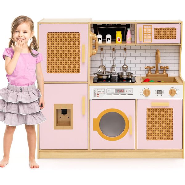 Costway Cucina Da Gioco Per Bambini, Cucina In Legno Con Ante In Rattan, Luci, Suoni, Frigorifero, Distributore D'acqua, Lavatrice E Accessori Da Cucina, Per Bambini Dai 3 Anni In Su Rosa-image