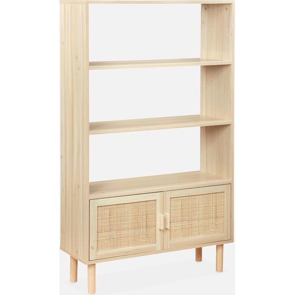 Libreria Con Canna Ed Effetto Legno, 3 Livelli, 2 Ante, Marrone Naturale-image