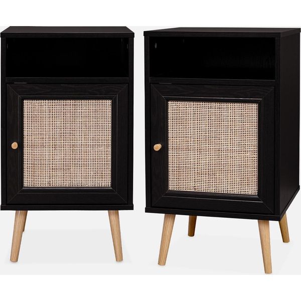 Set 2 Comodini Scandinavi In Intrecciatura Cannage, Nero-image