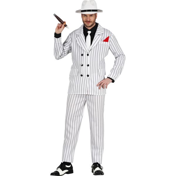 Costume Gessato Da Gangster Degli Anni '20 Accessori Per Cappello Mafioso Stile Vintage Retro Party Chic Abito Camicia Cravatta Eleganza, Taglia: 48 - 50 (M) Colore: Bianco-image