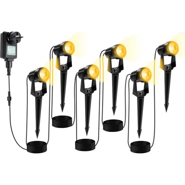 Swanew Faretto Da Giardino A Led Con Picchetto A Terra Set Di 6, Luce Da Giardino Illuminazione Da Giardino Con Spina Impermeabile IP65 Bianco Caldo-image