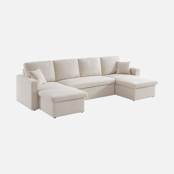 Sweeek - Divano Angolare A 4 Posti Con Rivestimento Bouclé, Funzione Letto E 2 Contenitori - Crema-image