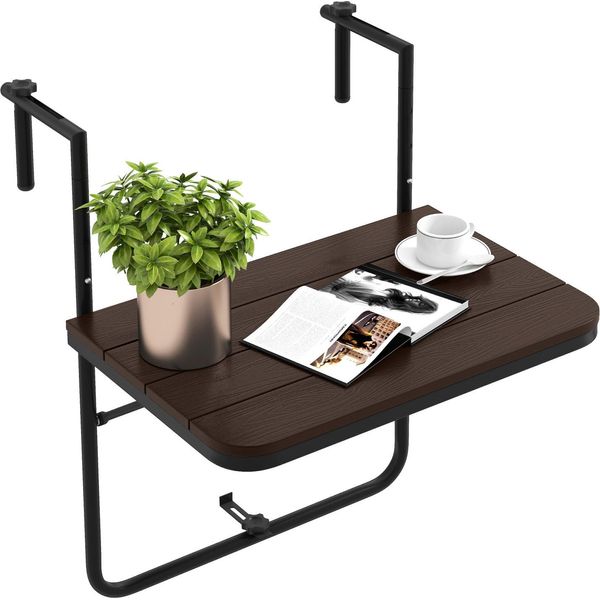 Costway Tavolo Pieghevole Da Appendere Con Altezza Regolabile A 3 Livelli Per Ringhiera Del Balcone, Resistente Alle Intemperie, 60X40Cm, Marrone-image