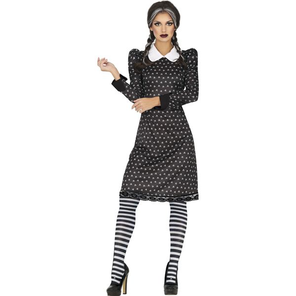 Abito Gotico Halloween Film Confessione Costume Scuro Eleganza Vintage Creepy Romance, Taglia: 38 - 40 (M) Colore: Nero-image