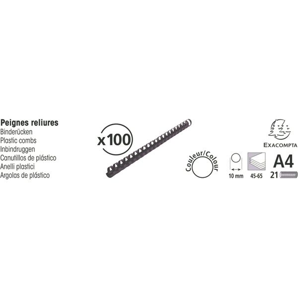 Exacompta 75301E Spirali Di Rilegatura 10 Mm 21 Anelli Per Din A4 Nero 100 Pezzi-image