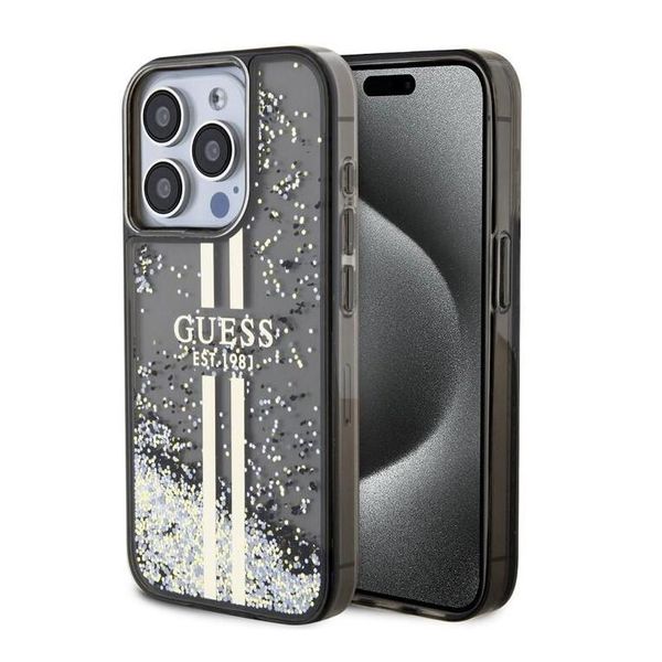 Guess Guhcp15Llfcsegk Custodia Rigida Per Iphone 15 Pro 6.1 Czarny/Nero Liquid Glitter Gold Stripes-image