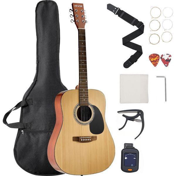 Vevor Chitarra Acustica Dreadnought, 41 Pollici, Chitarra A 6 Corde In Abete Massello Naturale, Pacchetto Per Principianti Con Borsa Da Concerto, Accordatore, Tracolla, Corde, Plettri, Capotasto, Tastiera In Palissandro, Per Adulti Di Statura Elevata-image