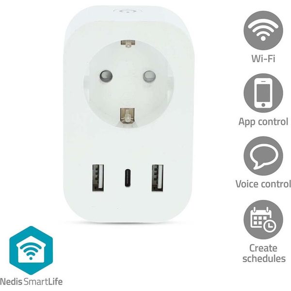 Smartlife Presa A Muro | Wi-Fi | IP21 | Misuratore Di Potenza | 3680 W | Type F (Cee 7/7) / 1X USB-C™ / 2X Usb | 0 - 55 °C | Android™ / Ios | Bianco | 1 Pz.-image