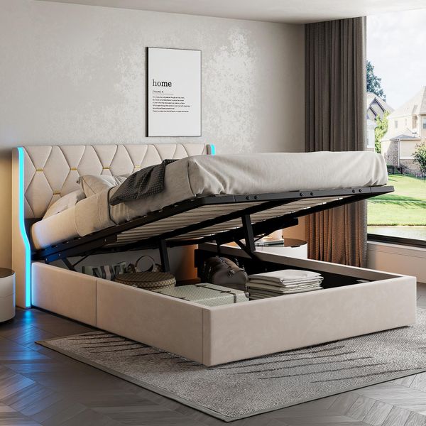Letto Imbottito 140X190 Cm Con Rete Idraulica, Led E Rete A Doghe, Beige - Fortuna Lai-image