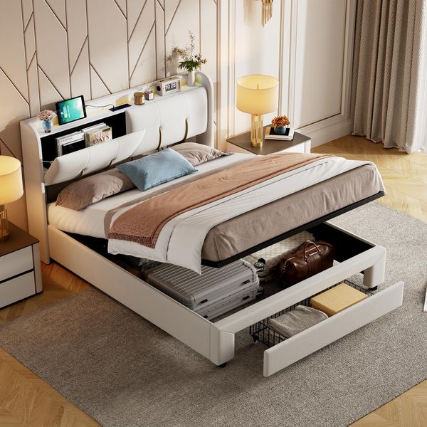Letto Imbottito Fortuna Lai 160X200 Cm, Led E Usb, Idraulico Con Rete E Cassetti, Velluto-image
