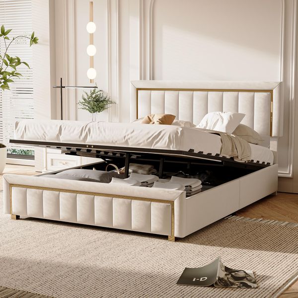 Letto Imbottito 160X200 Cm In Velluto, Con Rete Idraulica, Rete A Doghe, Beige - Fortuna Lai-image