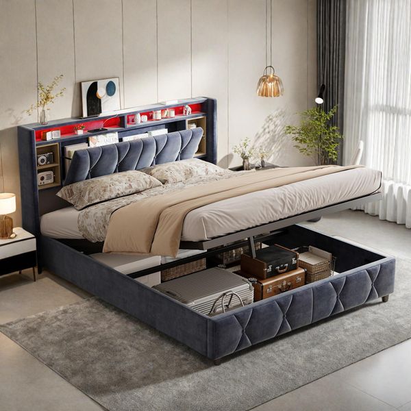 Letto Imbottito Fortuna Lai 160X200 Cm, Led, Usb E Type-C, Letto Contenitore Con Rete A Doghe, Velluto, Grigio-image