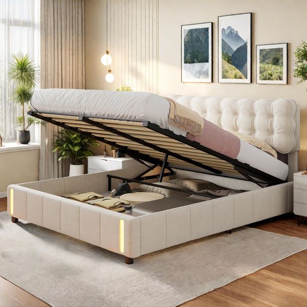 Letto Imbottito Fortuna Lai 160X200Cm Con Contenitore, Rete A Doghe E Rilevatore Di Movimento, Velluto, Legno Massiccio, Beige-image