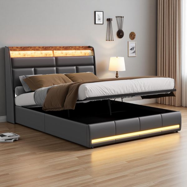 Letto Imbottito Fortuna Lai 160X200 Cm, Led, Usb, Contenitore, Rete A Doghe, Letto Per Ragazzi In Ecopelle, Nero-image