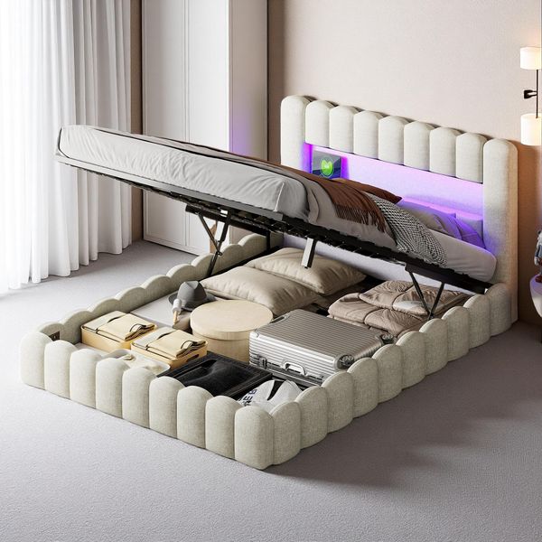 Letto Imbottito Fortuna Lai 140X200 Cm, Led, Usb, Letto Contenitore Con Rete A Doghe, Letto Per Ragazzi In Lino, Beige-image