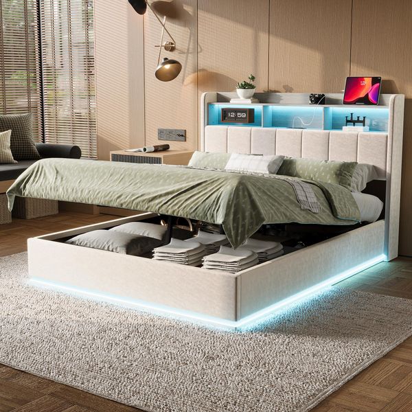 Letto Imbottito Fortuna Lai 160X200 Cm, Led, Usb, Letto Contenitore Con Rete A Doghe, Letto Giovanile In Velluto, Beige-image
