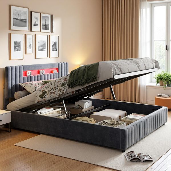 Letto Imbottito Fortuna Lai Idraulico 160X200 Cm, Led E Rete, Letto Contenitore, Velluto, Grigio-image