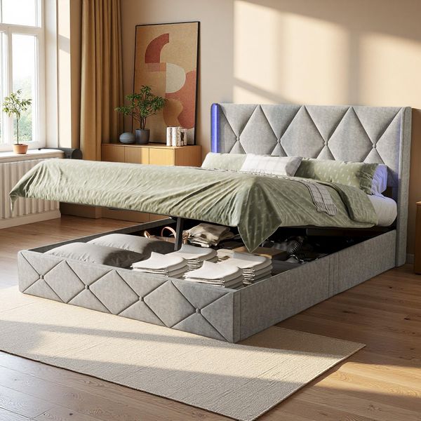 Letto Imbottito Fortuna Lai 160X200Cm, In Velluto, Con Led, Testata, Rete E Doghe, Grigio-image
