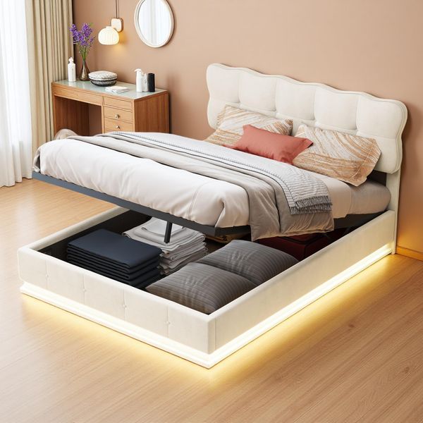 Letto Imbottito Fortuna Lai 140X200 Cm, Led, Rete, Idraulico, Testata Regolabile, Velluto, Beige-image