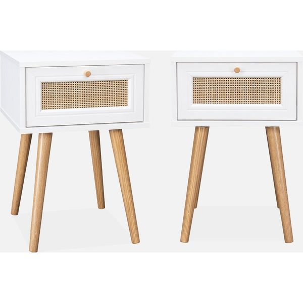 Set 2 Comodini Effetto Legno E Cannage, Bianco Sporco-image