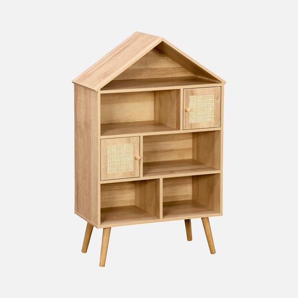 Libreria Per Bambini Effetto Legno E Canna, 7 Scomparti, Marrone Naturale-image