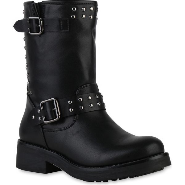 Van Hill Donna Stivali Biker Leggermente Foderati Stivali Rivetti Fibbia Scarpe 841447, Colore: Nero, Taglia: 36-image
